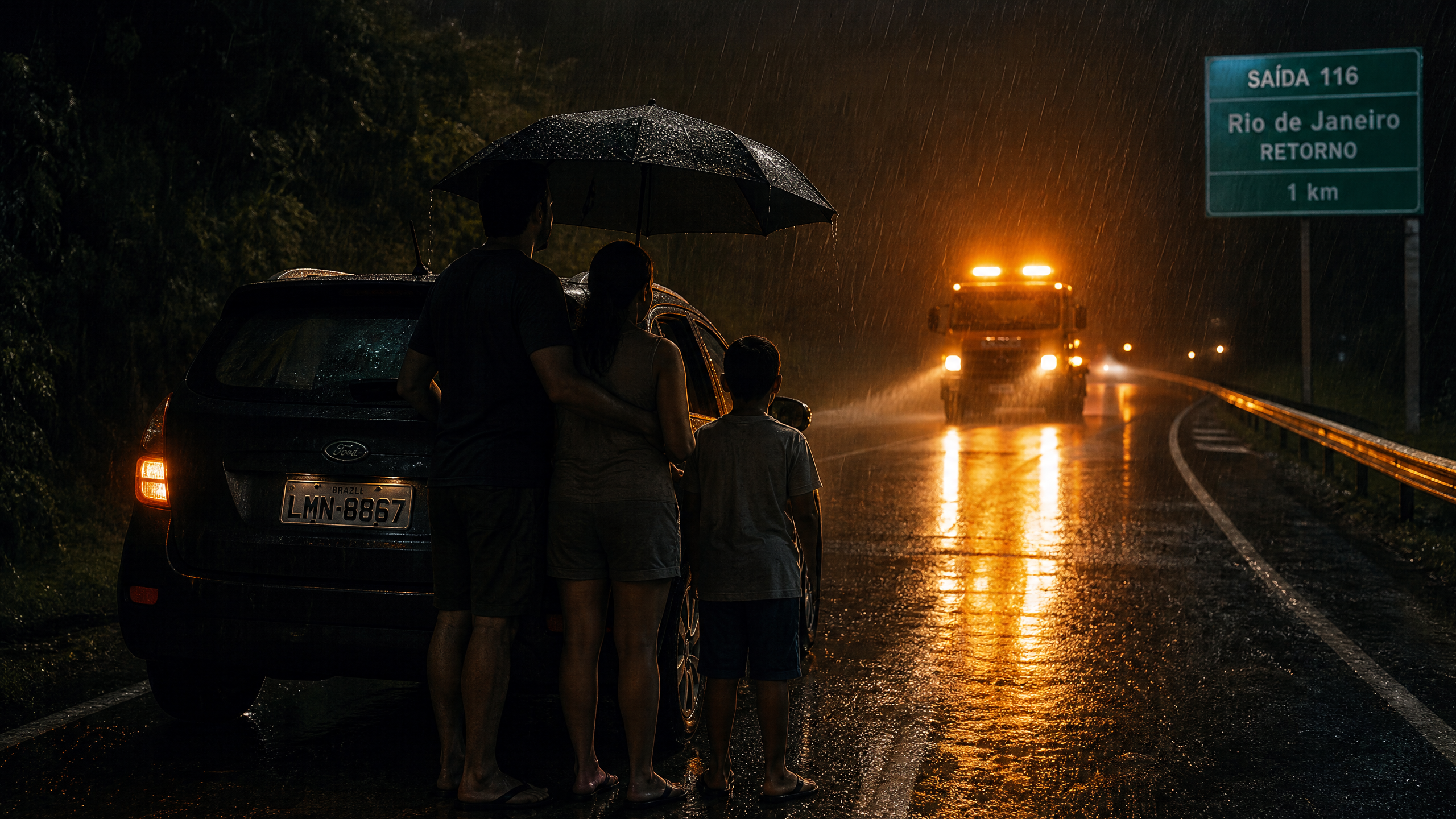 Família na estrada com guincho chegando ao fundo