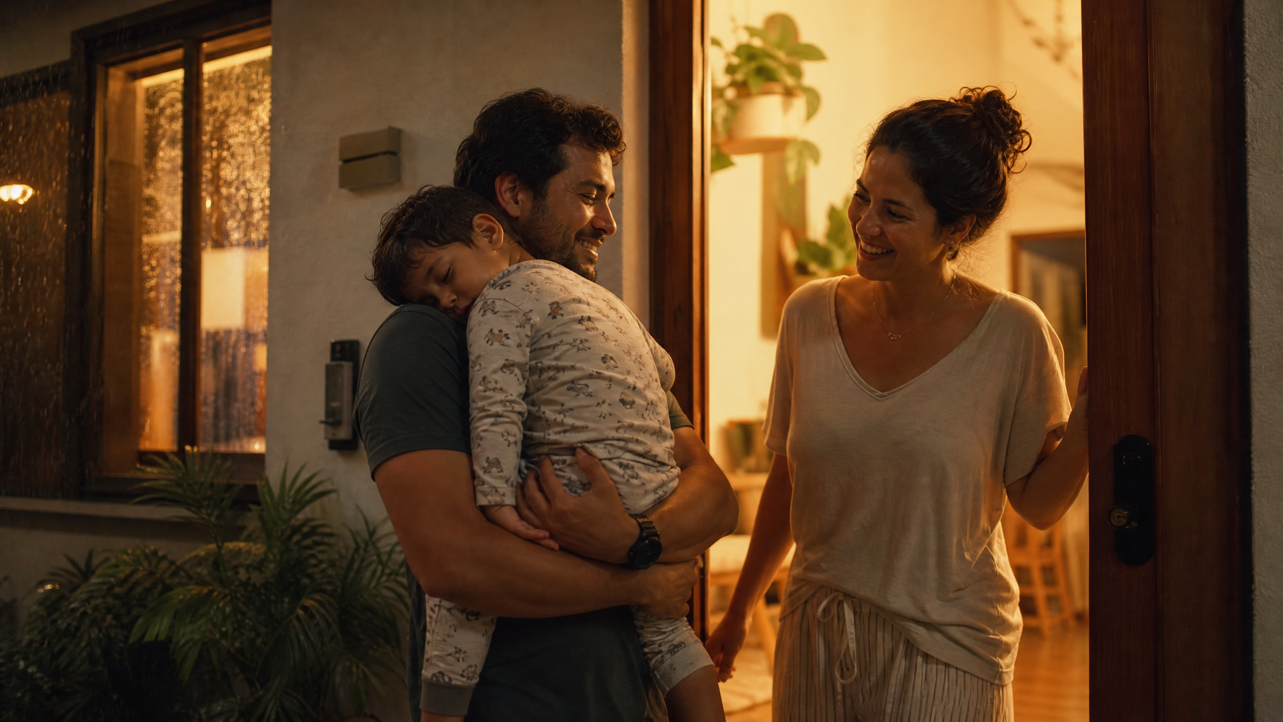Família chegando em casa com segurança